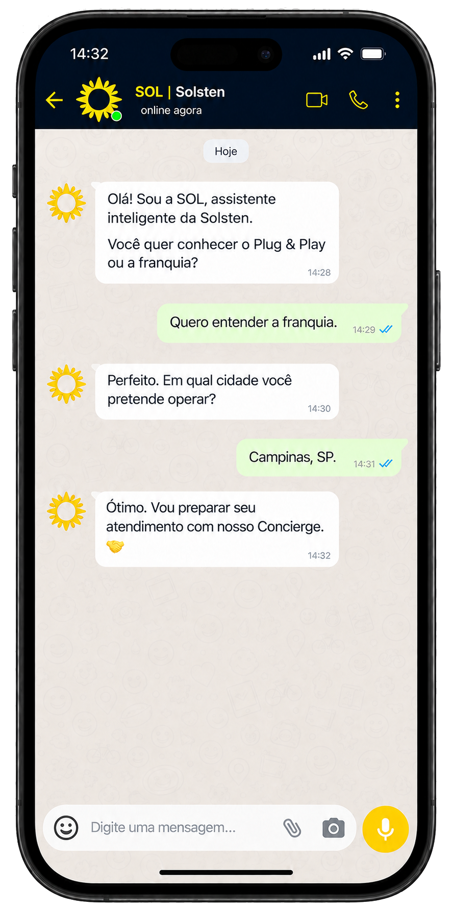 Conversa da agente SOL no WhatsApp em um iPhone